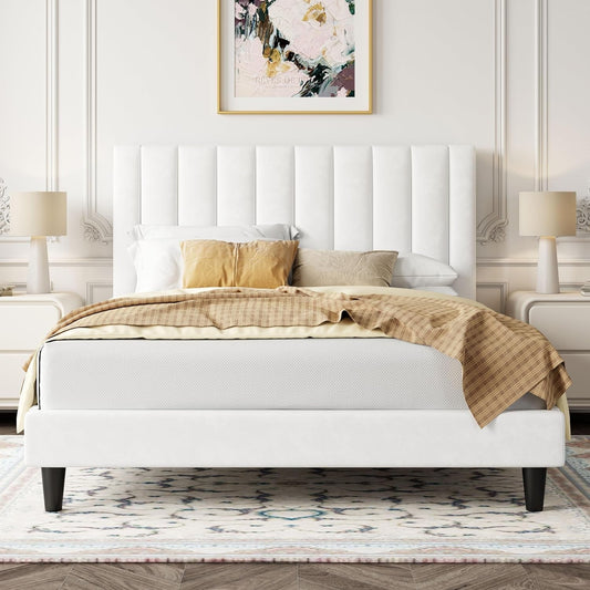 Queen Velvet Upholstered Bed Frame With Tufted Headboard-0