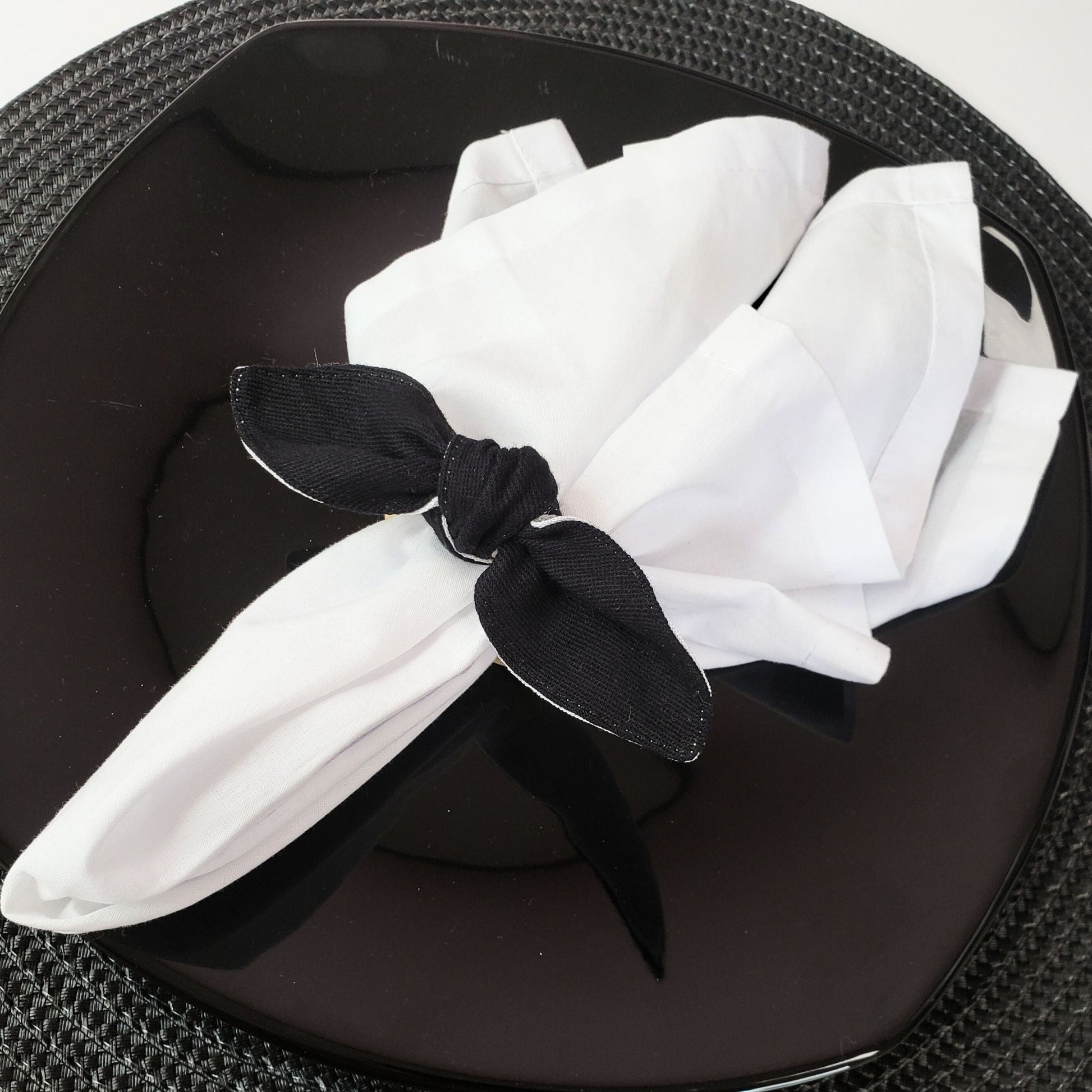 Maison Charlo | Set of 6 Ecofriendly Duo Black White Cloth Ties Napkin Rings, Christmas, Easter, Valentine's, Mother's Day-3