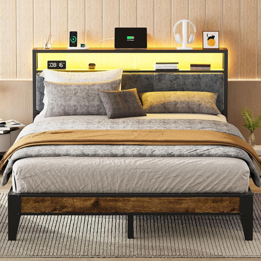 Queen Size RGB LED Headboard With Storage And Charging-0