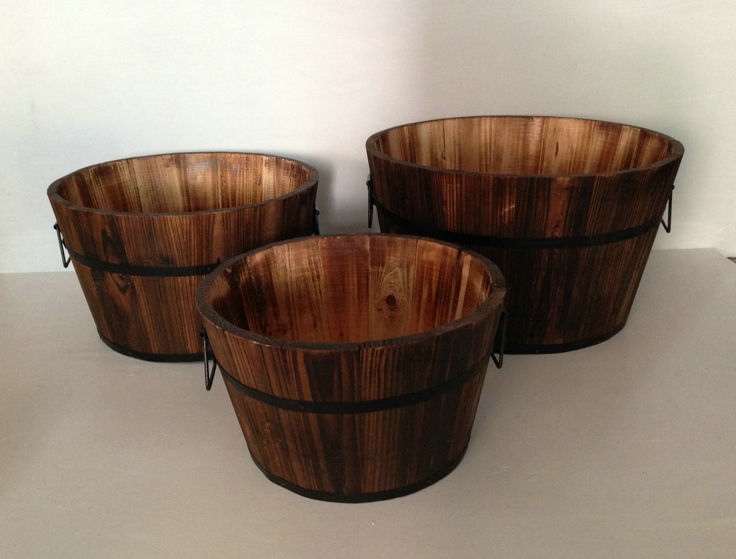 Set of Three Natural Wood Indoor Outdoor Round Pot Planters-1
