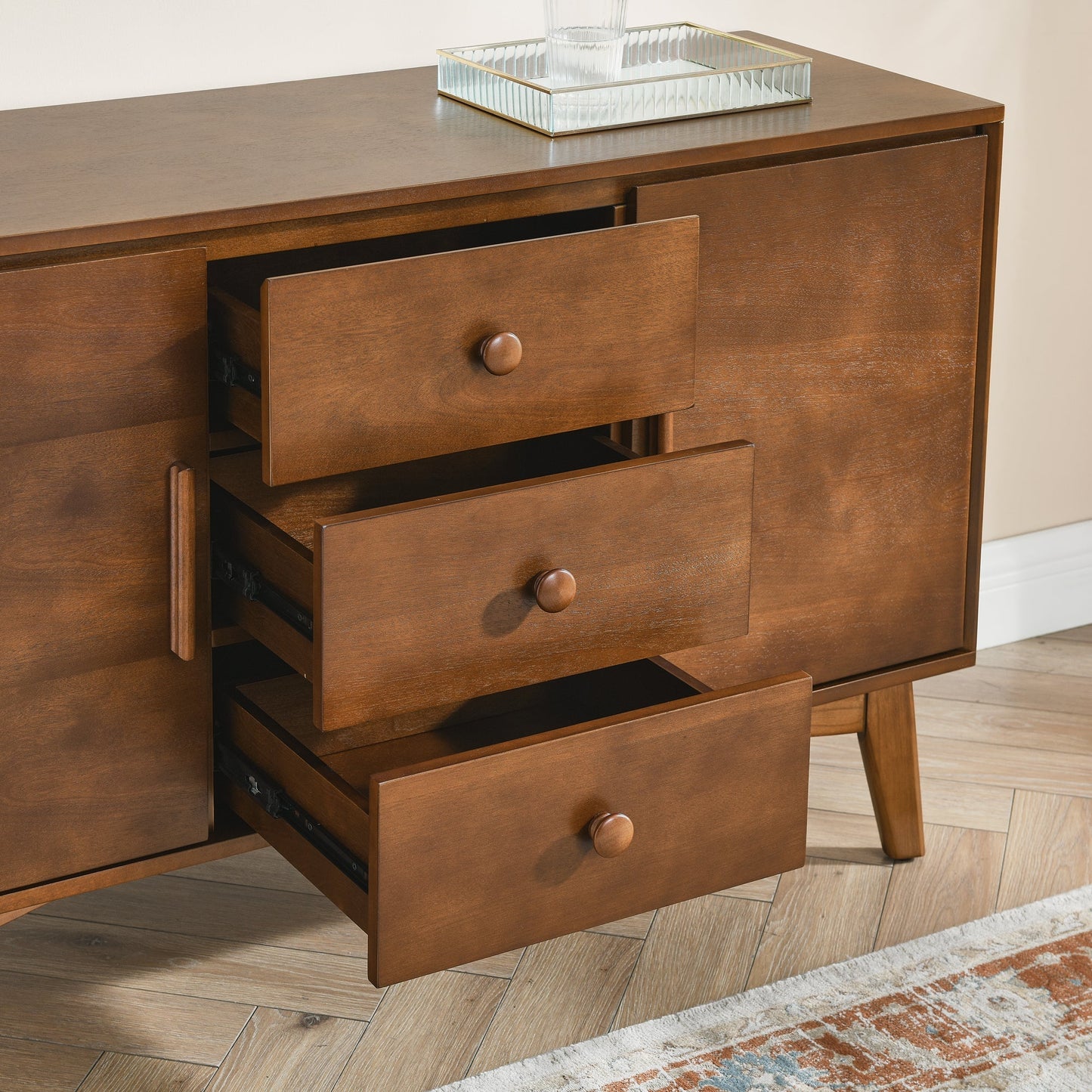 47.3' Mid Century Modern Sideboard Buffet Cabinet with Storage, Storage Cabinet with 2 Doors and 3 Drawers for Kitchen Dining Living Room, Accent Console Table, Walnut