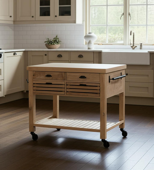 32" Natural Solid Wood Rolling Kitchen Island With Storage-0