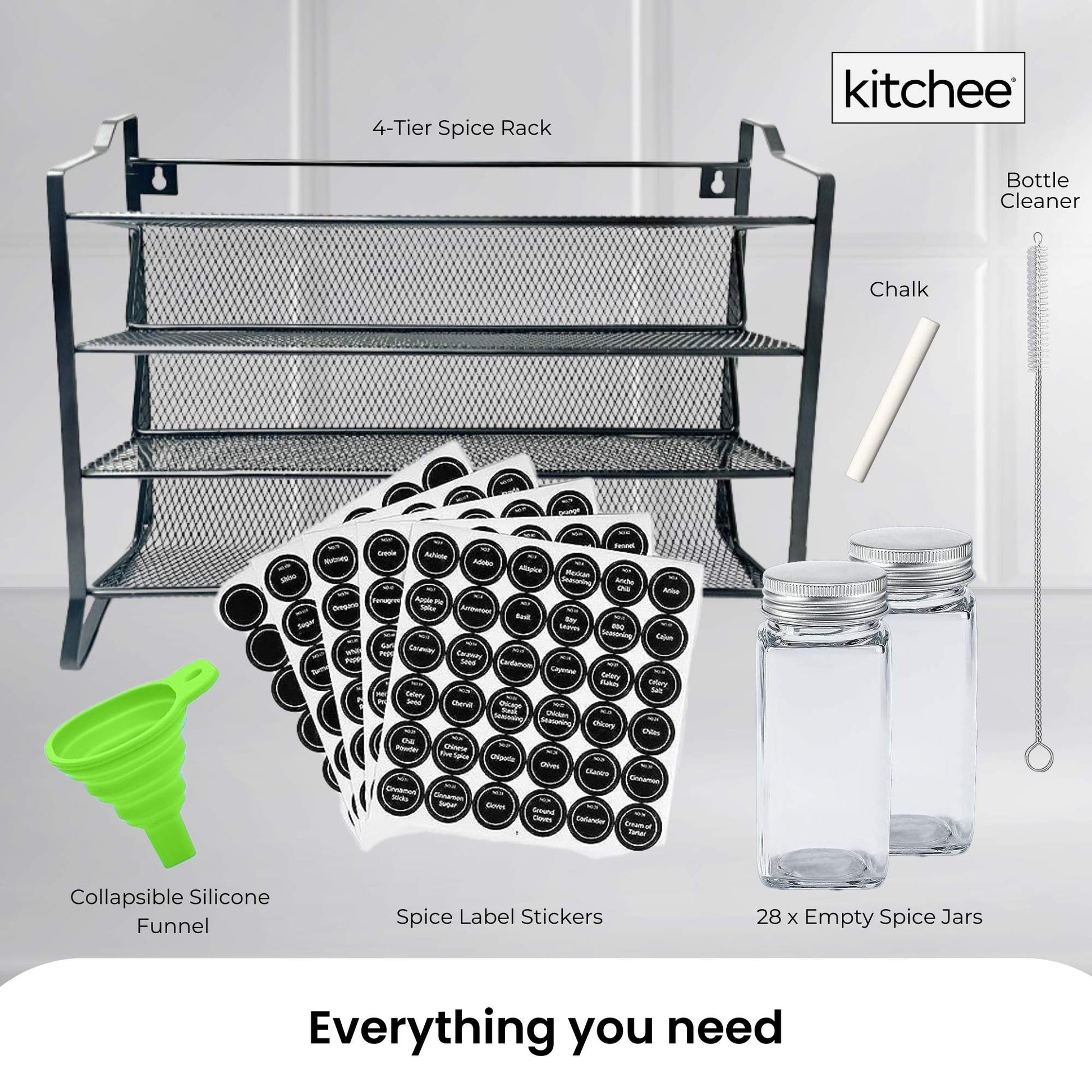 4 Tier Metal Spice Rack + 28 Glass Jars - Kitchen Pantry Herb Storage Organiser-2