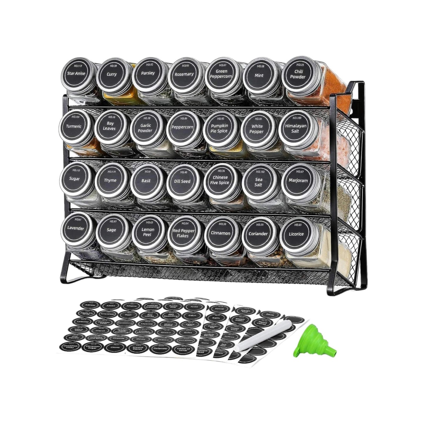4 Tier Metal Spice Rack + 28 Glass Jars - Kitchen Pantry Herb Storage Organiser-0