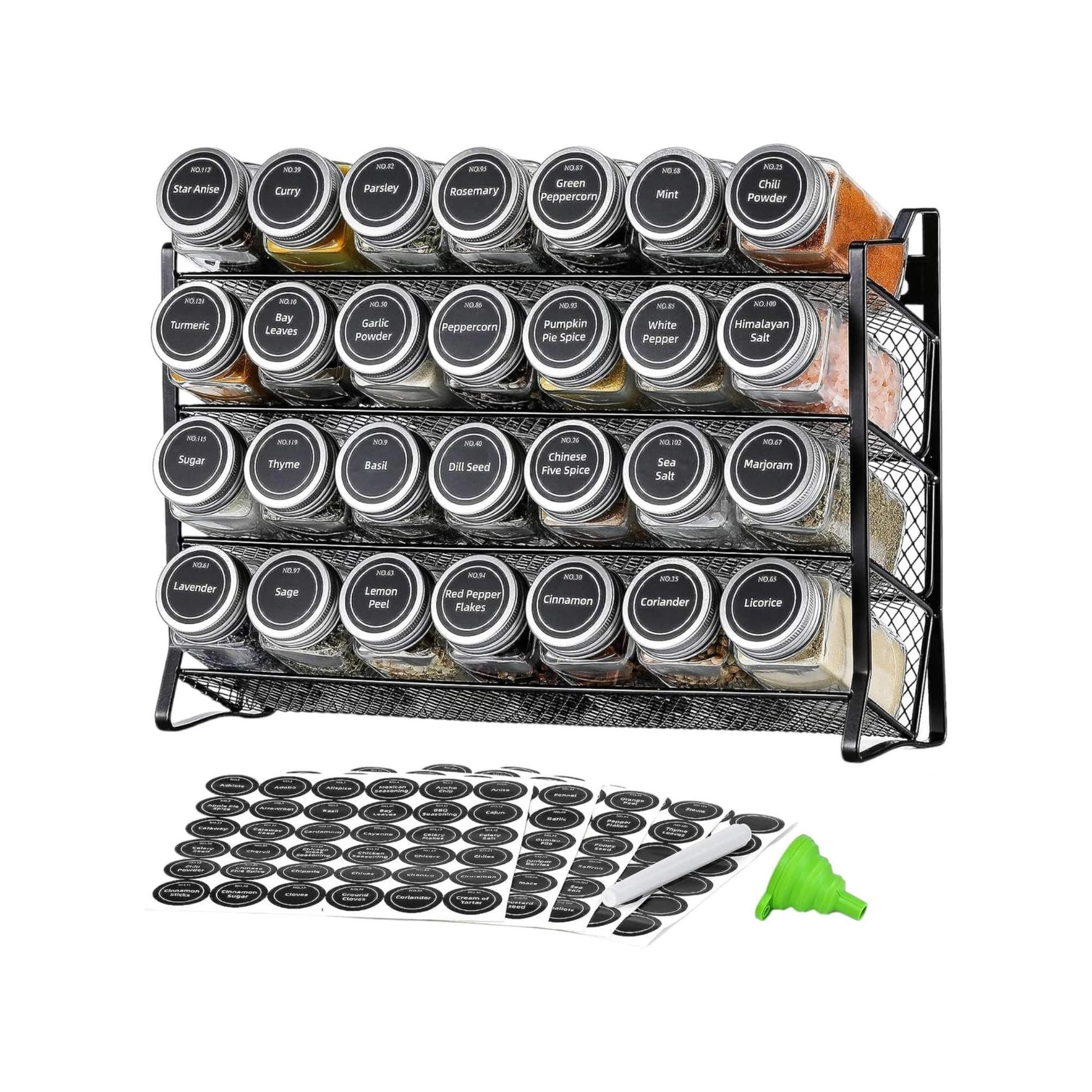 4 Tier Metal Spice Rack + 28 Glass Jars - Kitchen Pantry Herb Storage Organiser-0