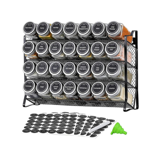 4 Tier Metal Spice Rack + 28 Glass Jars - Kitchen Pantry Herb Storage Organiser-0