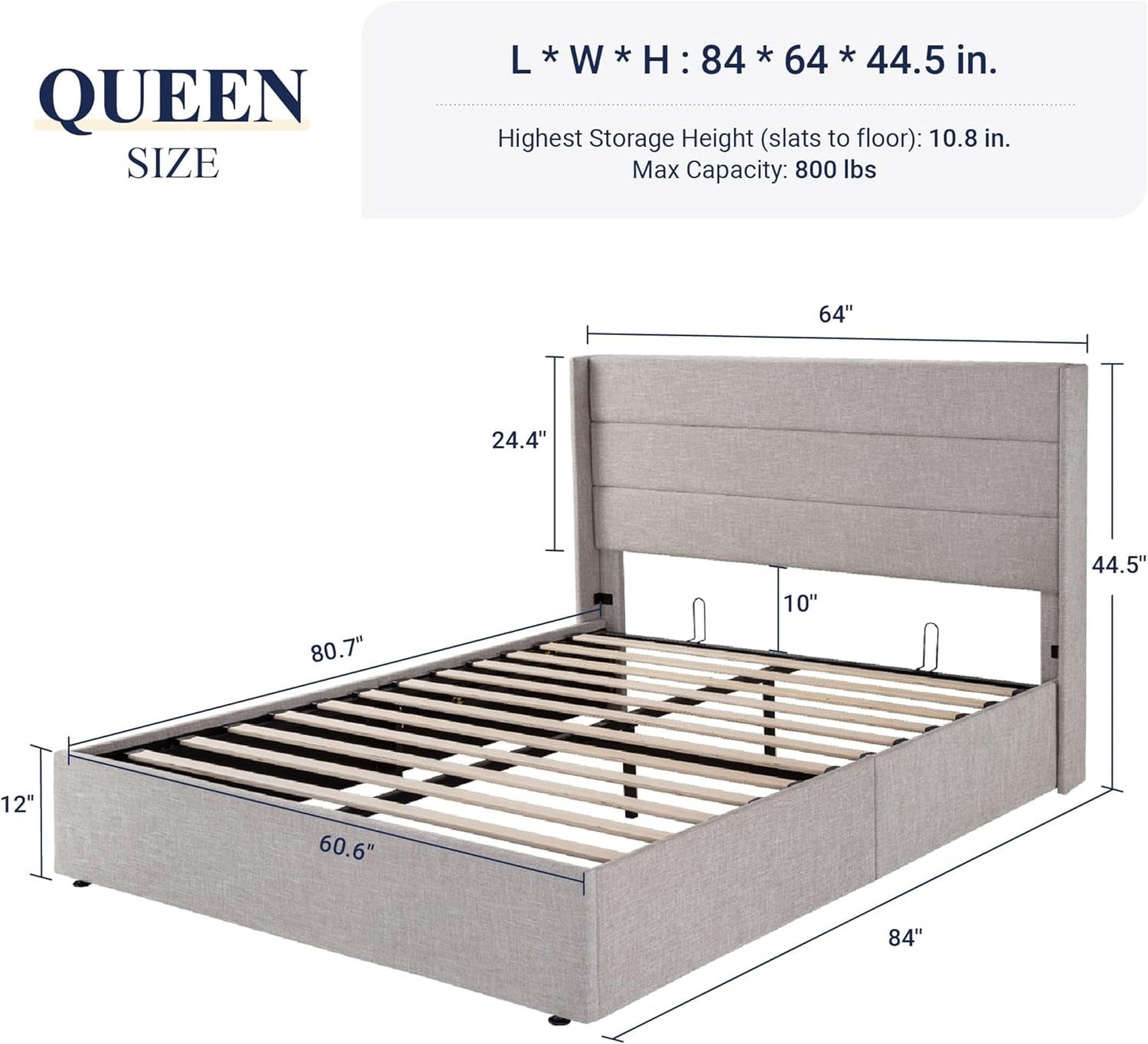 Queen Size Lift Up Storage Bed With Hydraulic Headboard