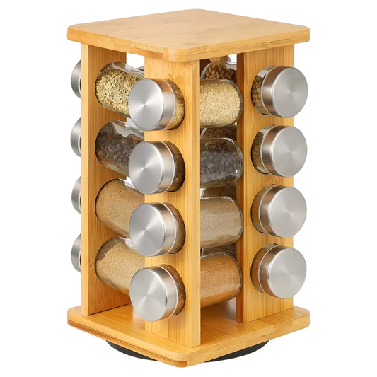 Bamboo Revolving Spice Rack - 16-Jar Countertop Organizer for Kitchen Storage-0