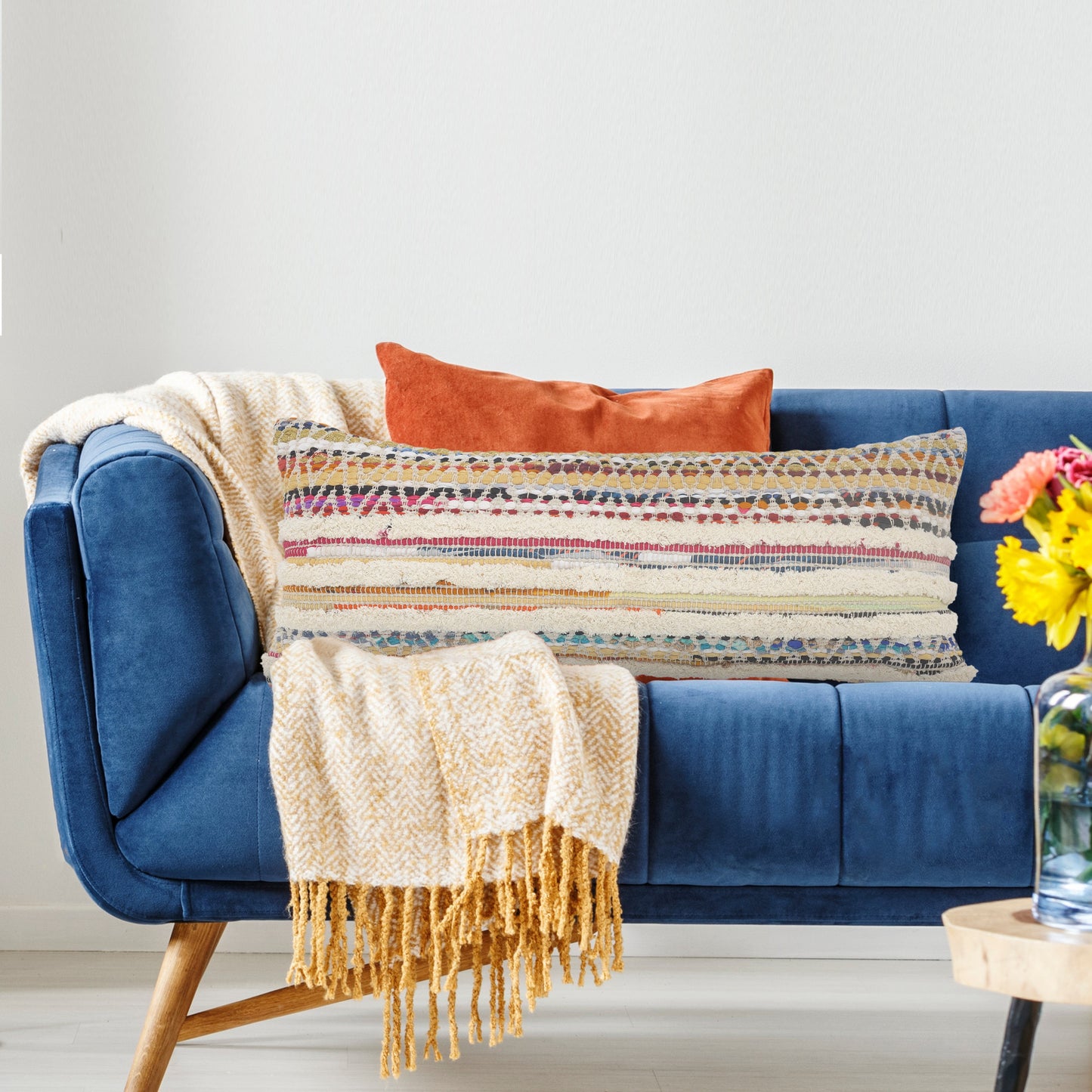 14" X 36" Off White Red And Blue Cotton Striped Throw Pillow-8