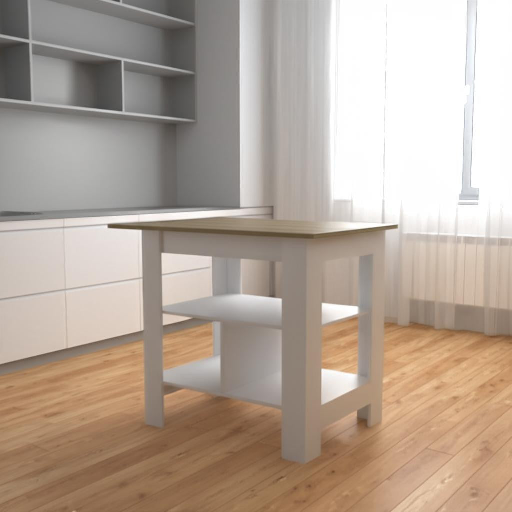 35" Natural and White Wood Kitchen Island With Storage