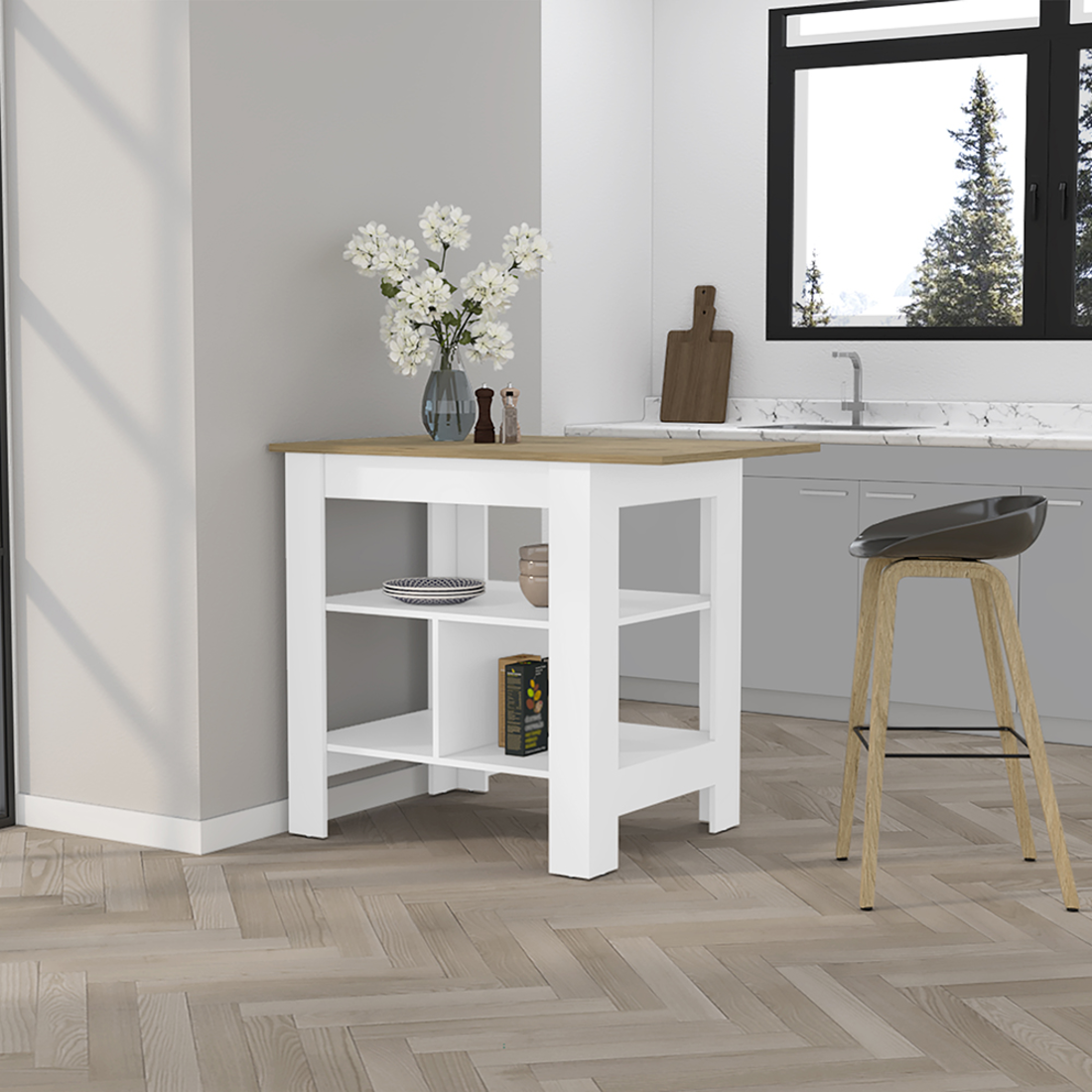 35" Natural and White Wood Kitchen Island With Storage