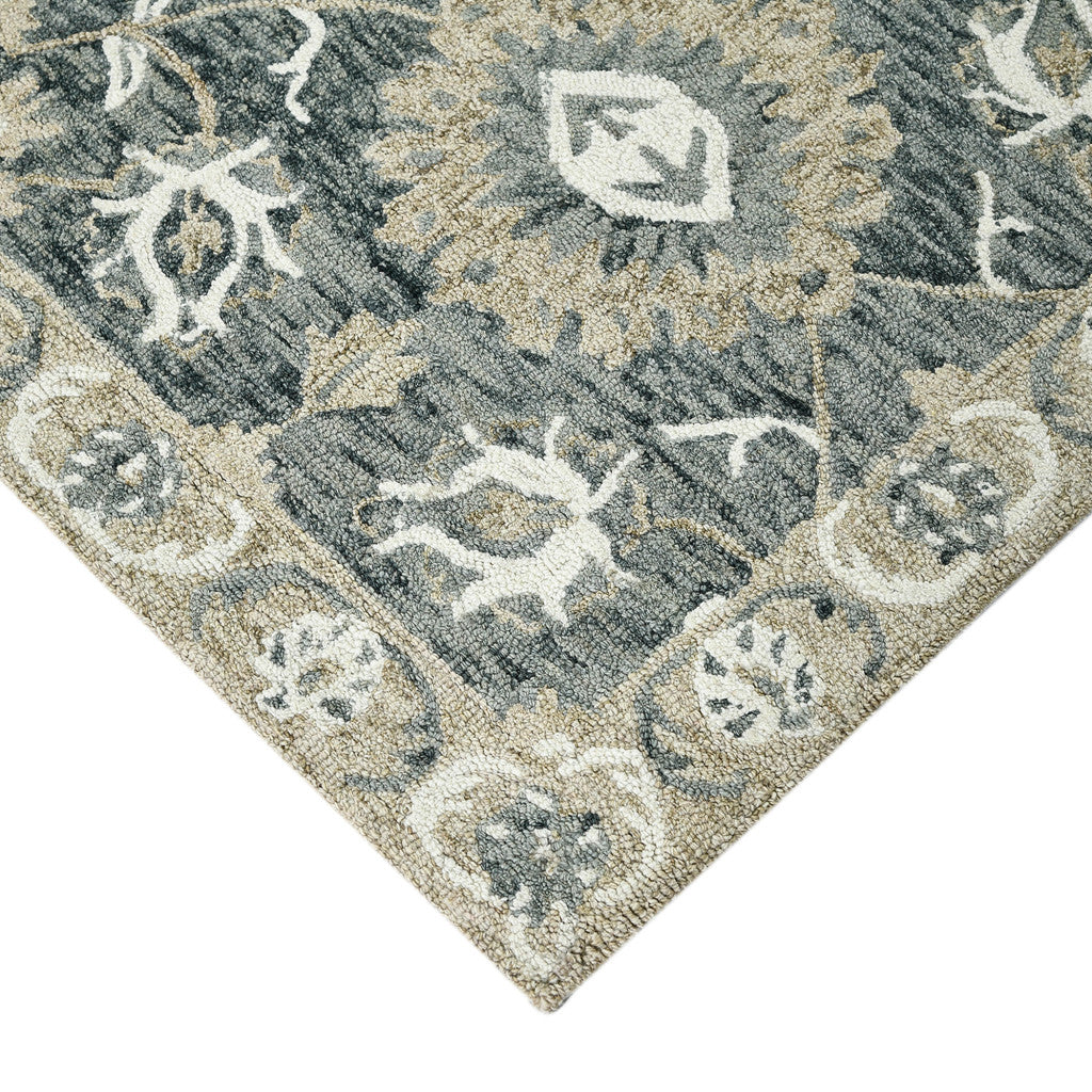 5' X 8' Gray Ivory And Beige Wool Floral Medallion Hand Hooked Area Rug