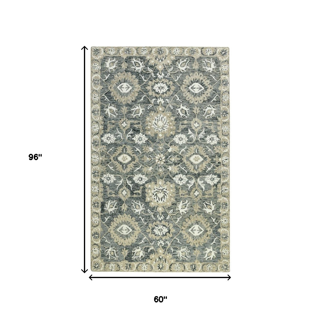 5' X 8' Gray Ivory And Beige Wool Floral Medallion Hand Hooked Area Rug