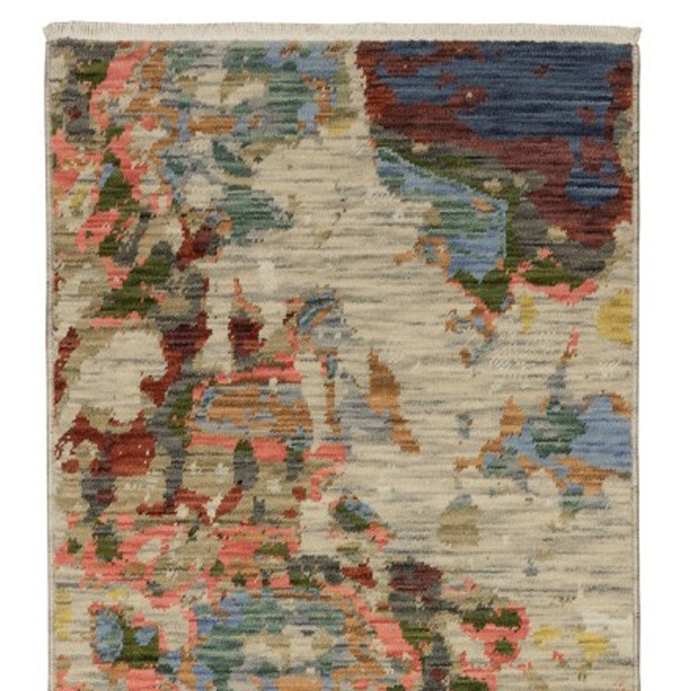12' Beige Pink And Yellow Abstract Runner Rug With Fringe