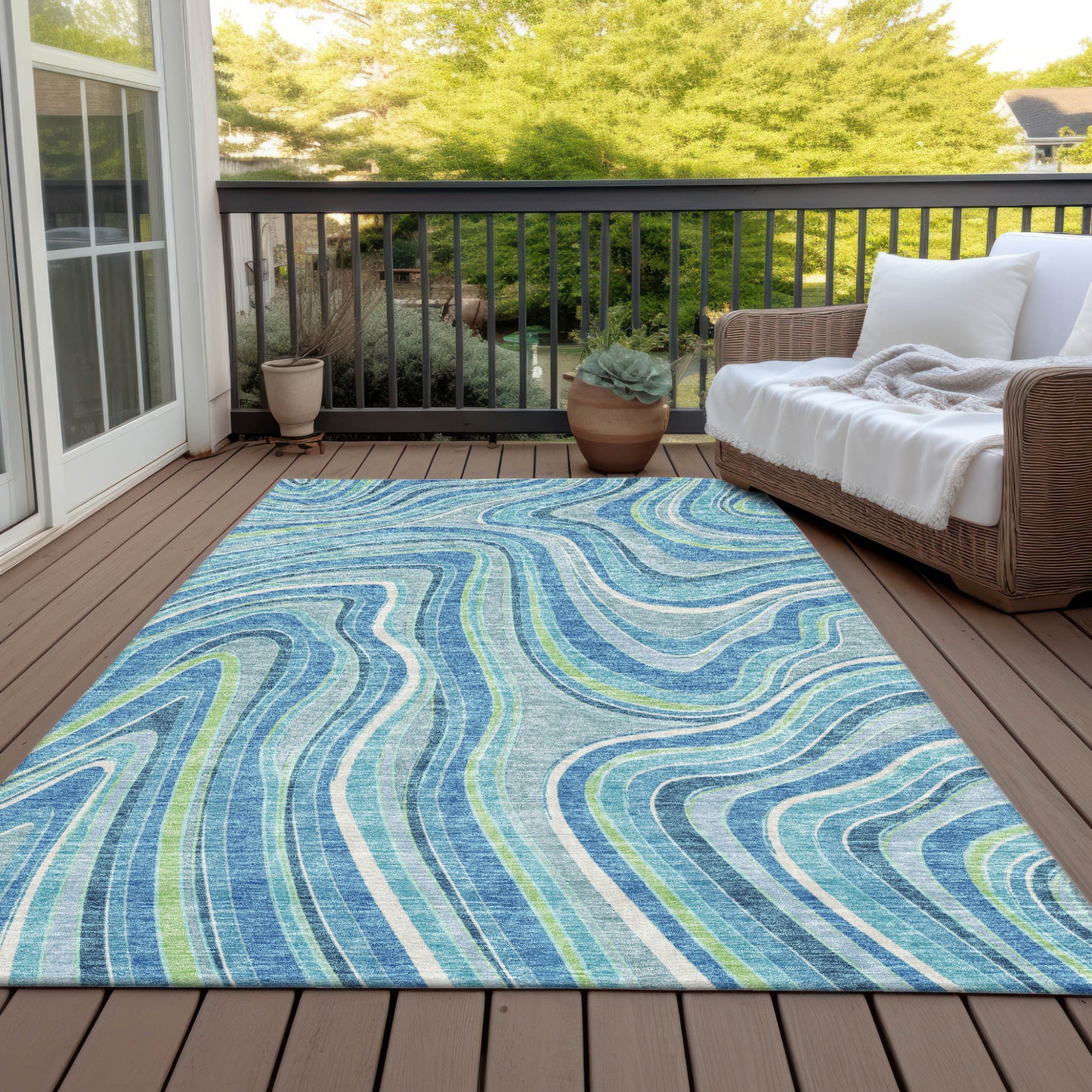 8' X 10' Navy Blue And Denim Blue Abstract Washable Indoor Outdoor Area Rug