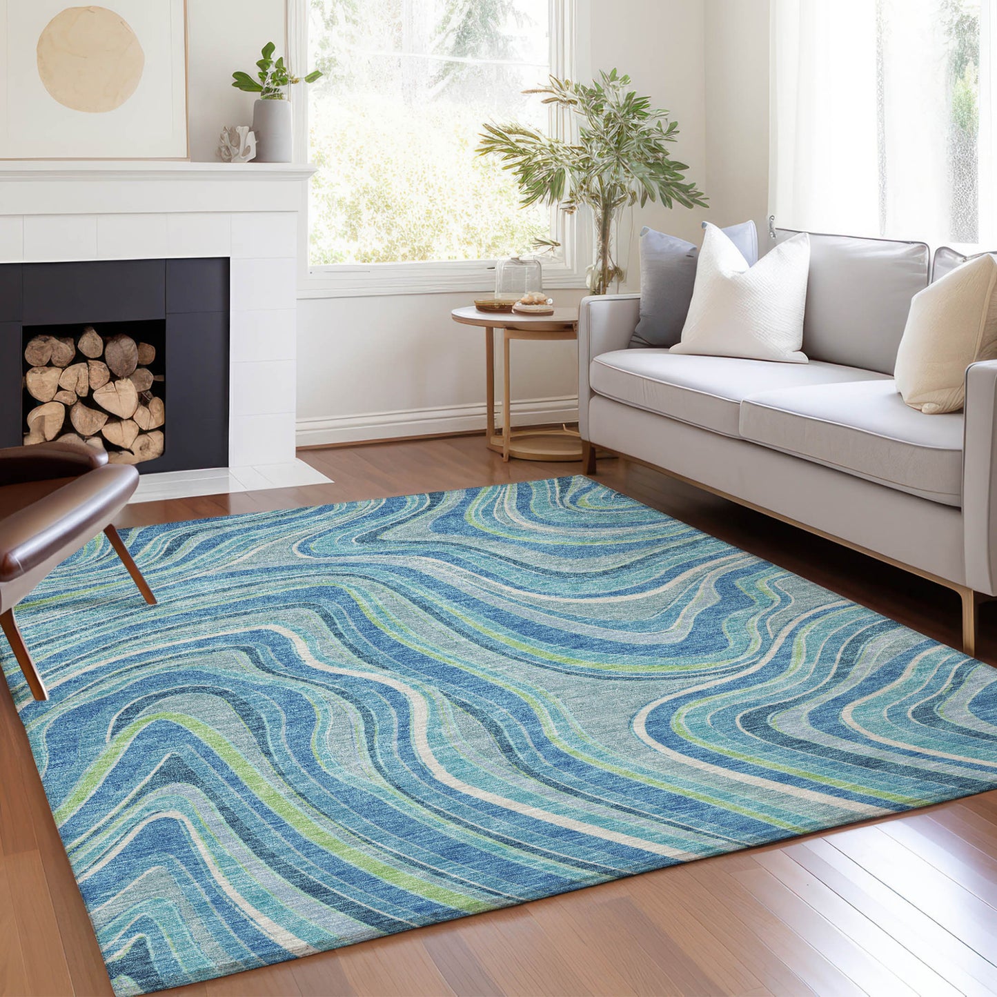 8' X 10' Navy Blue And Denim Blue Abstract Washable Indoor Outdoor Area Rug