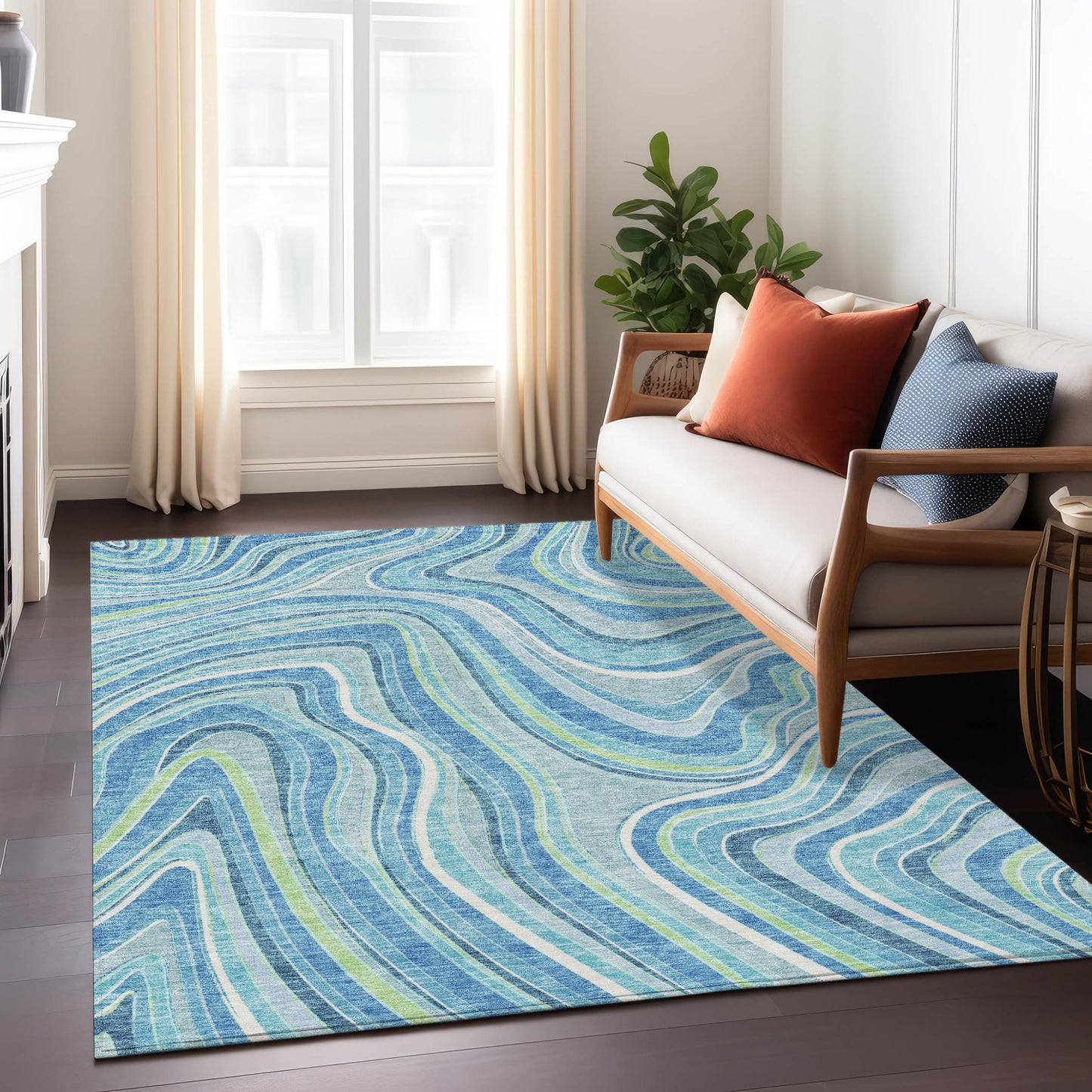 8' X 10' Navy Blue And Denim Blue Abstract Washable Indoor Outdoor Area Rug