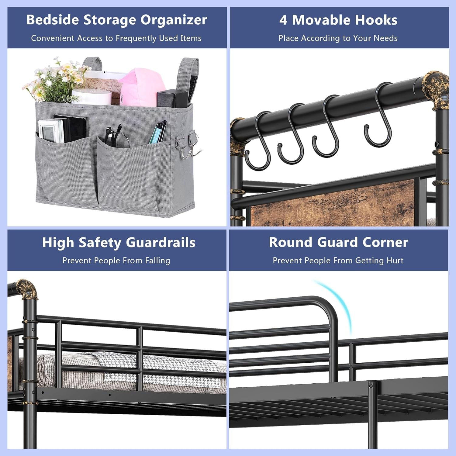 Metal Twin Over Twin Bunk Bed Vintage Brown Safety Rails-4