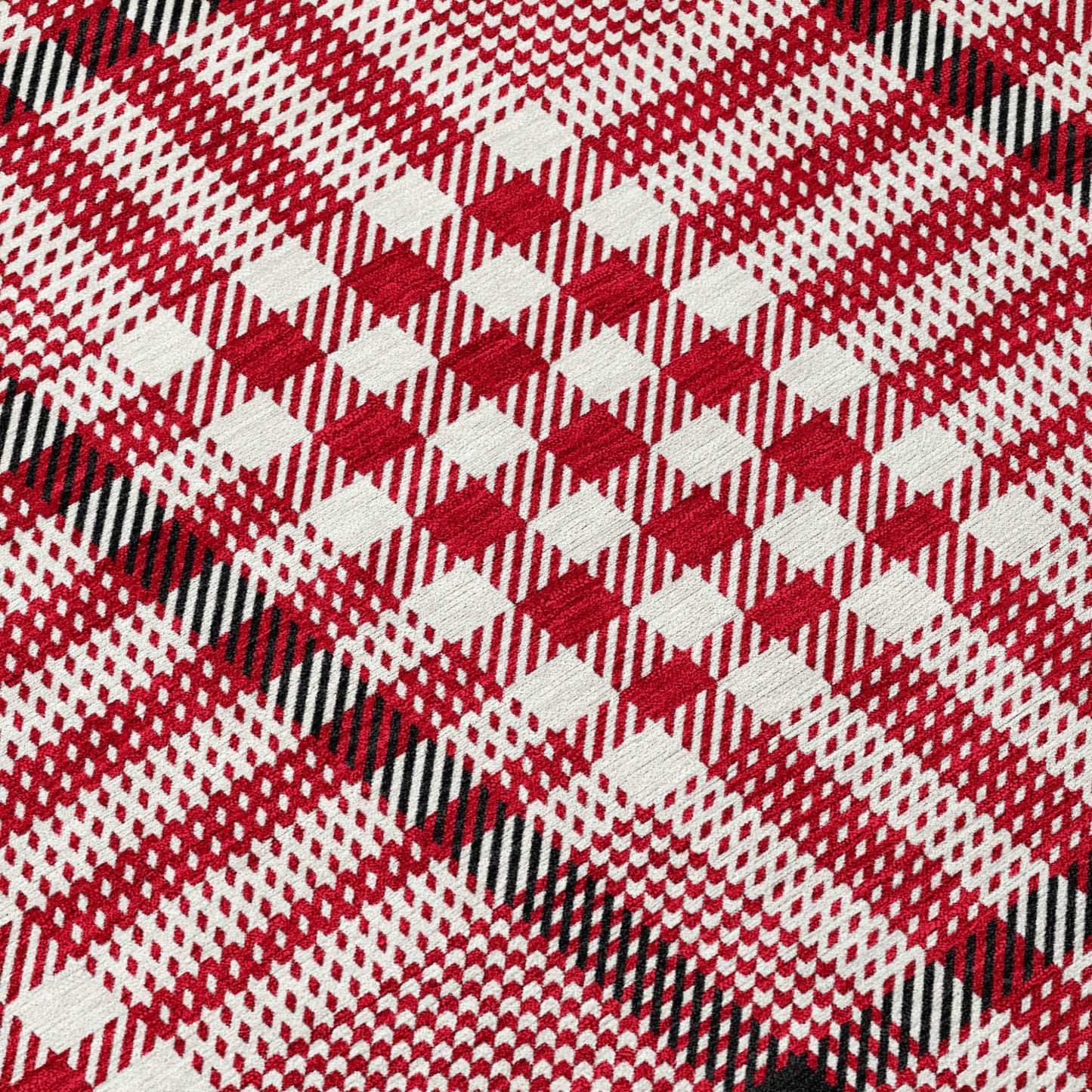 8' Red Black And Ivory Round Plaid Washable Indoor Outdoor Area Rug