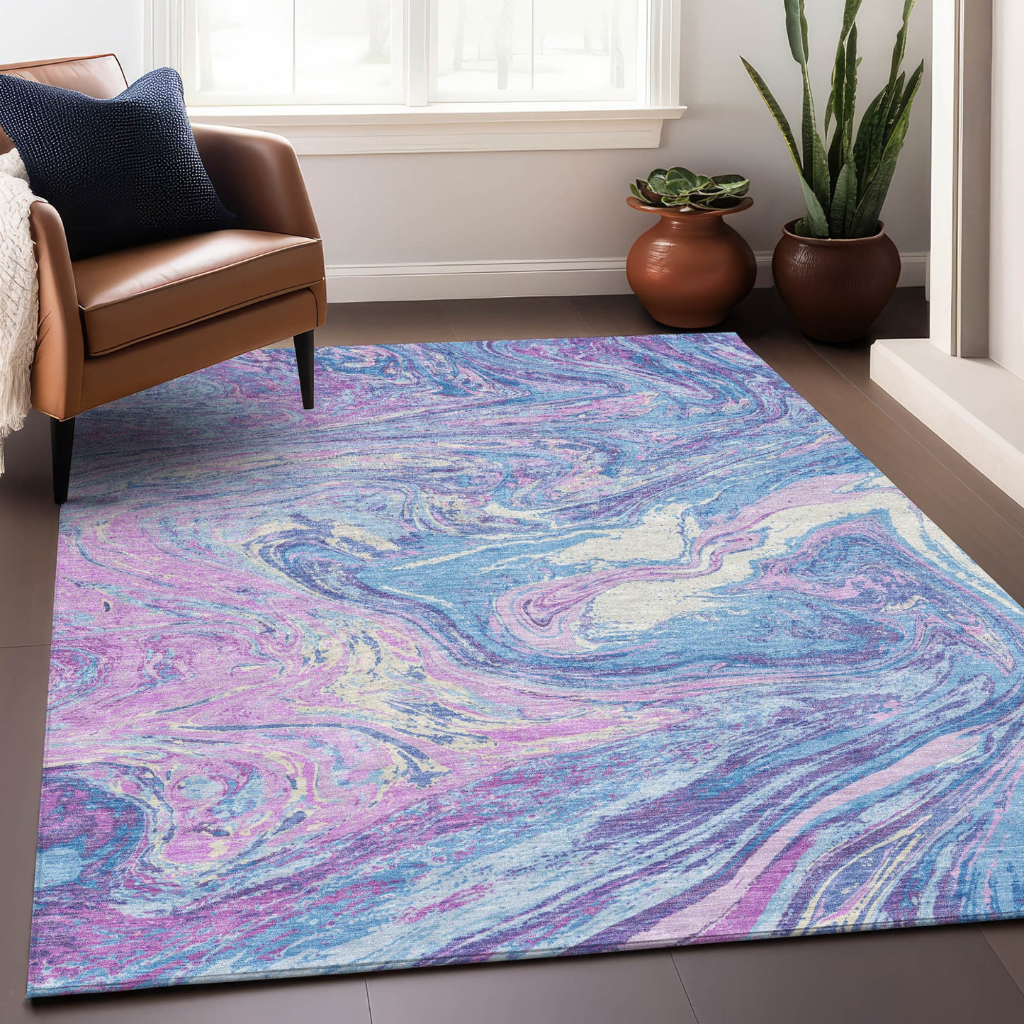 8' X 10' Sky Blue Lavender And Ivory Abstract Washable Indoor Outdoor Area Rug