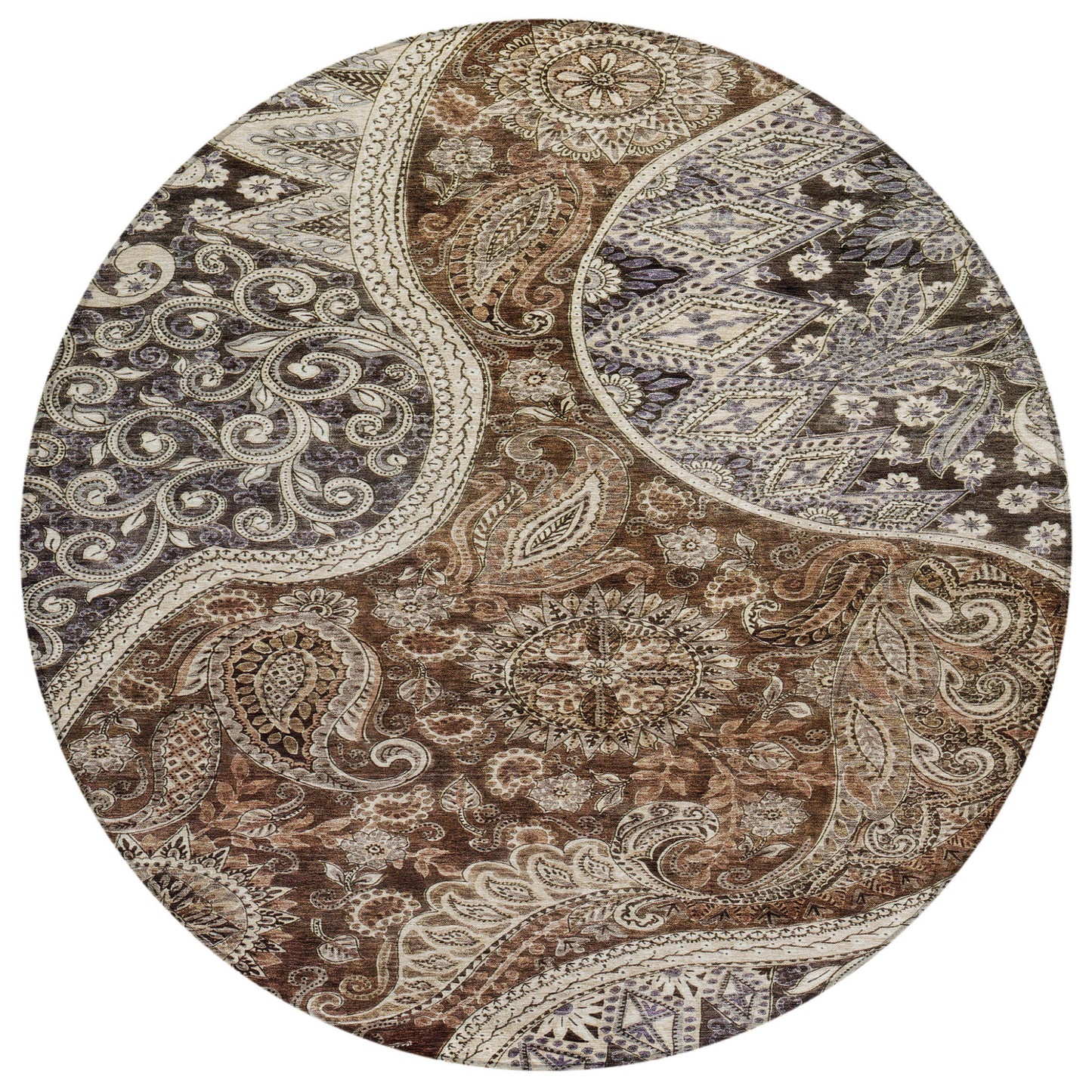 8' Brown Beige And Tan Round Floral Medallion Washable Indoor Outdoor Area Rug