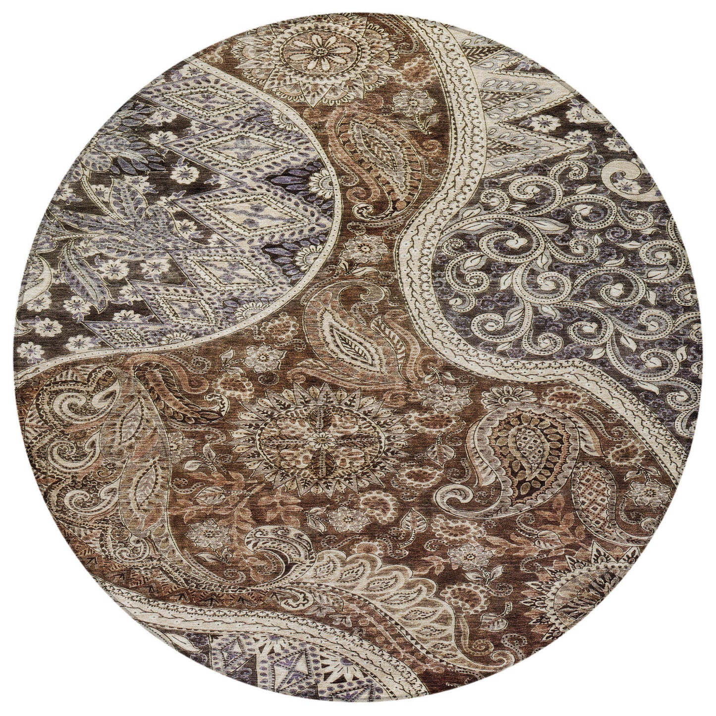 8' Brown Beige And Tan Round Floral Medallion Washable Indoor Outdoor Area Rug