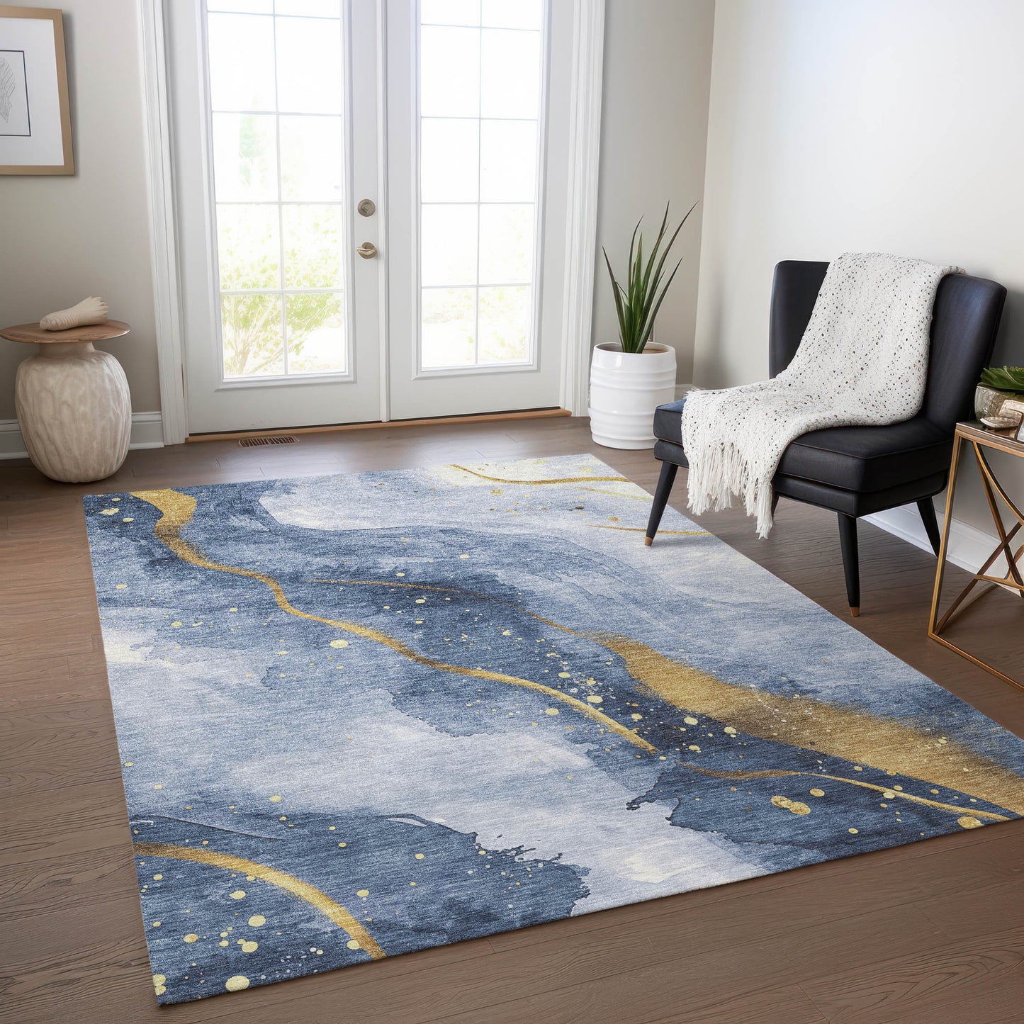 3' X 5' Blue And Gold Abstract Washable Indoor Outdoor Area Rug-8