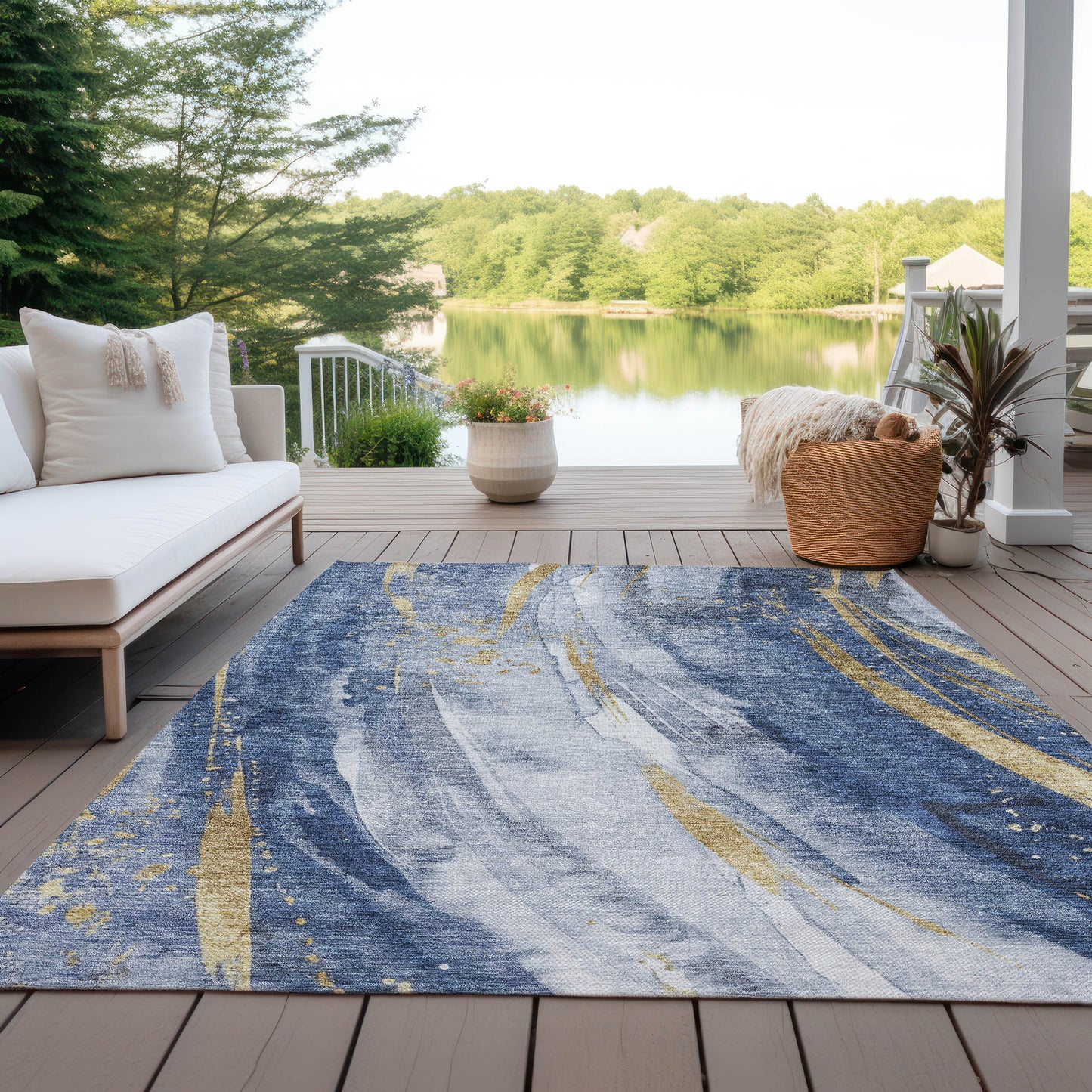 5' X 8' Blue Gold And Ivory Abstract Washable Indoor Outdoor Area Rug