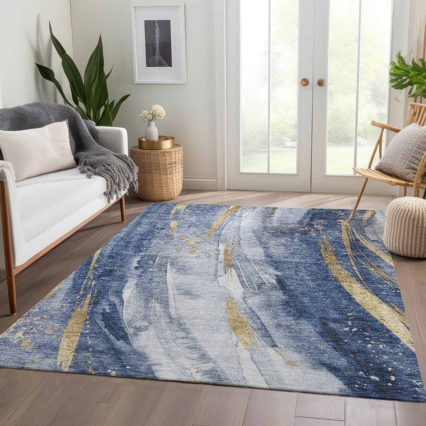 5' X 8' Blue Gold And Ivory Abstract Washable Indoor Outdoor Area Rug-8