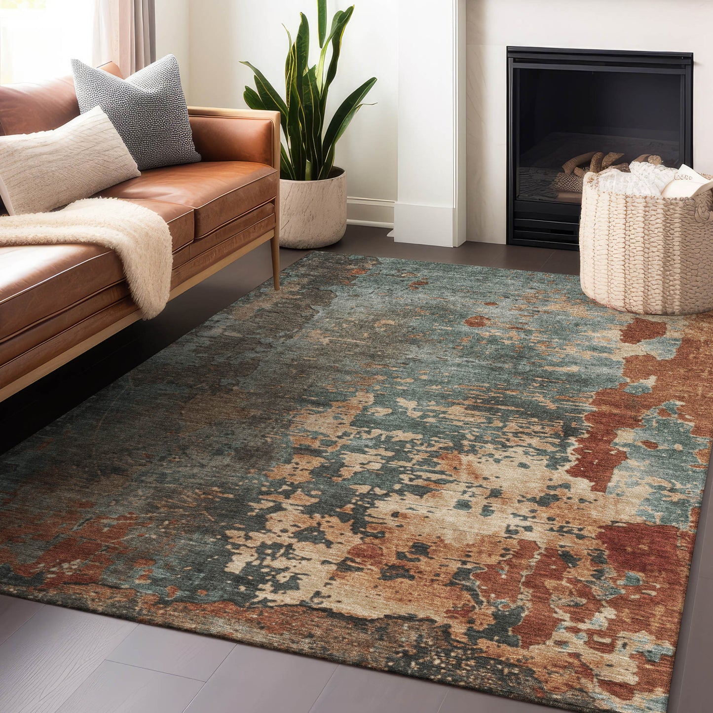 8' X 10' Pale Aqua Copper And Beige Abstract Washable Indoor Outdoor Area Rug-8