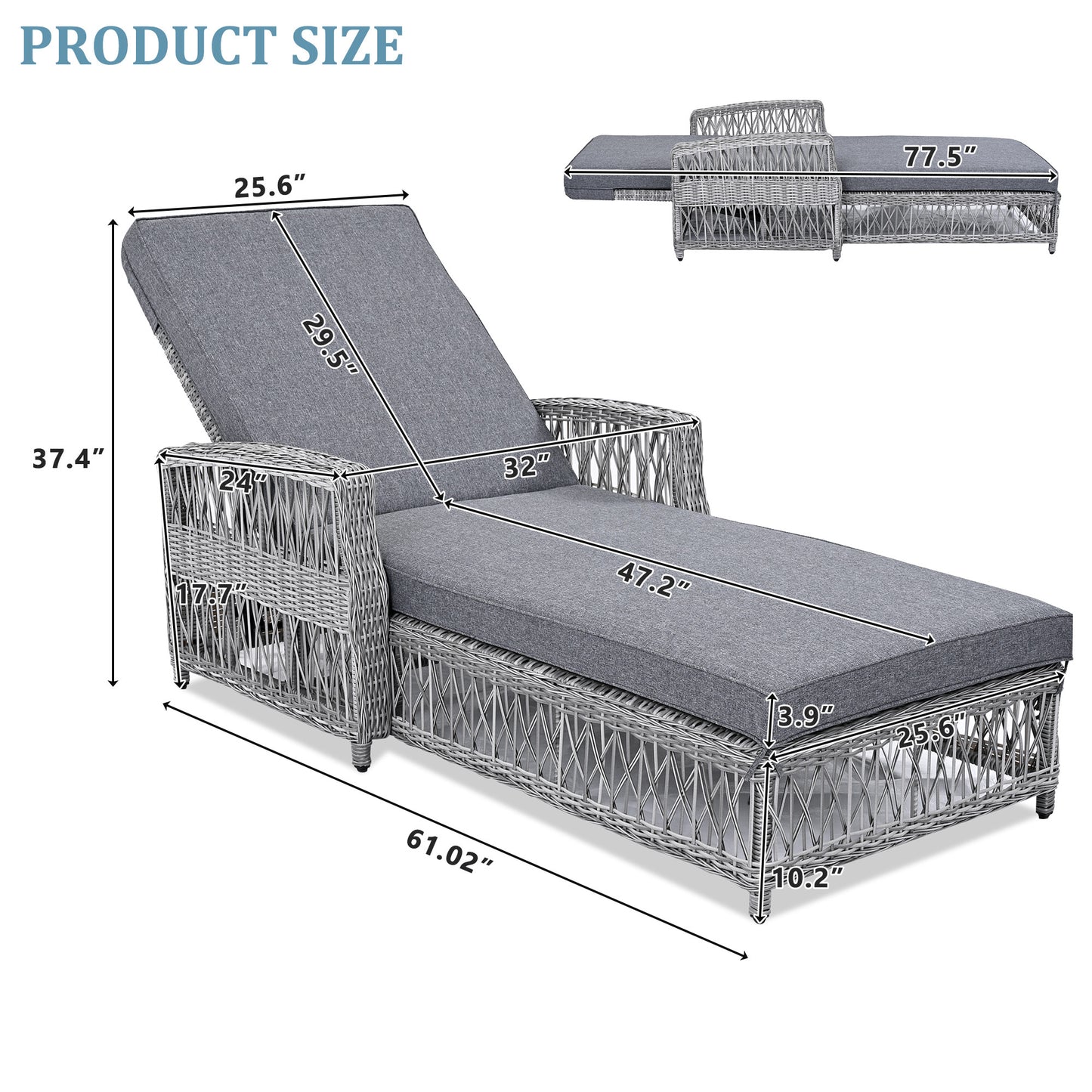 78" Gray Metal Outdoor Chaise Lounge with Gray Cushion