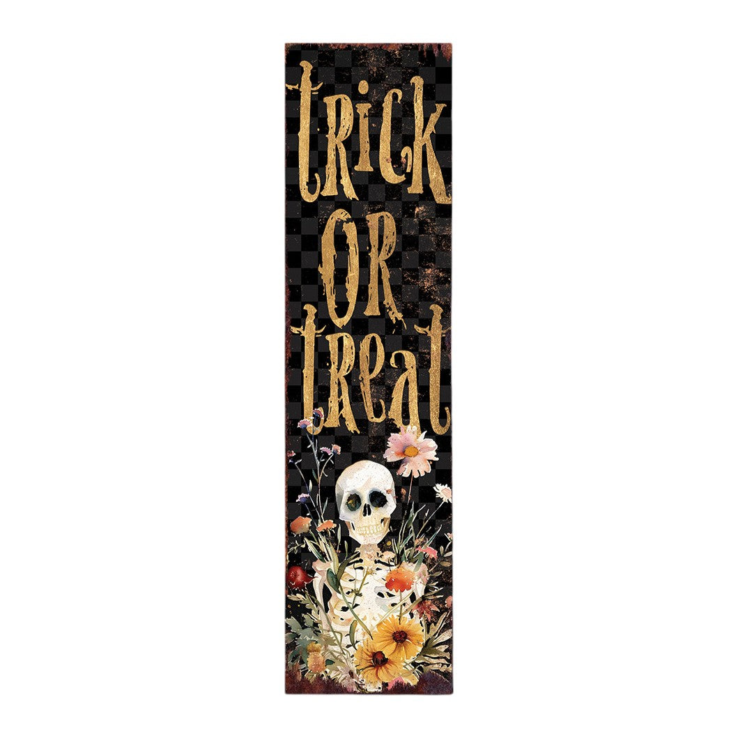 36" Black And Gold Solid Wood Trick or Treat Halloween Skeleton Porch Sign