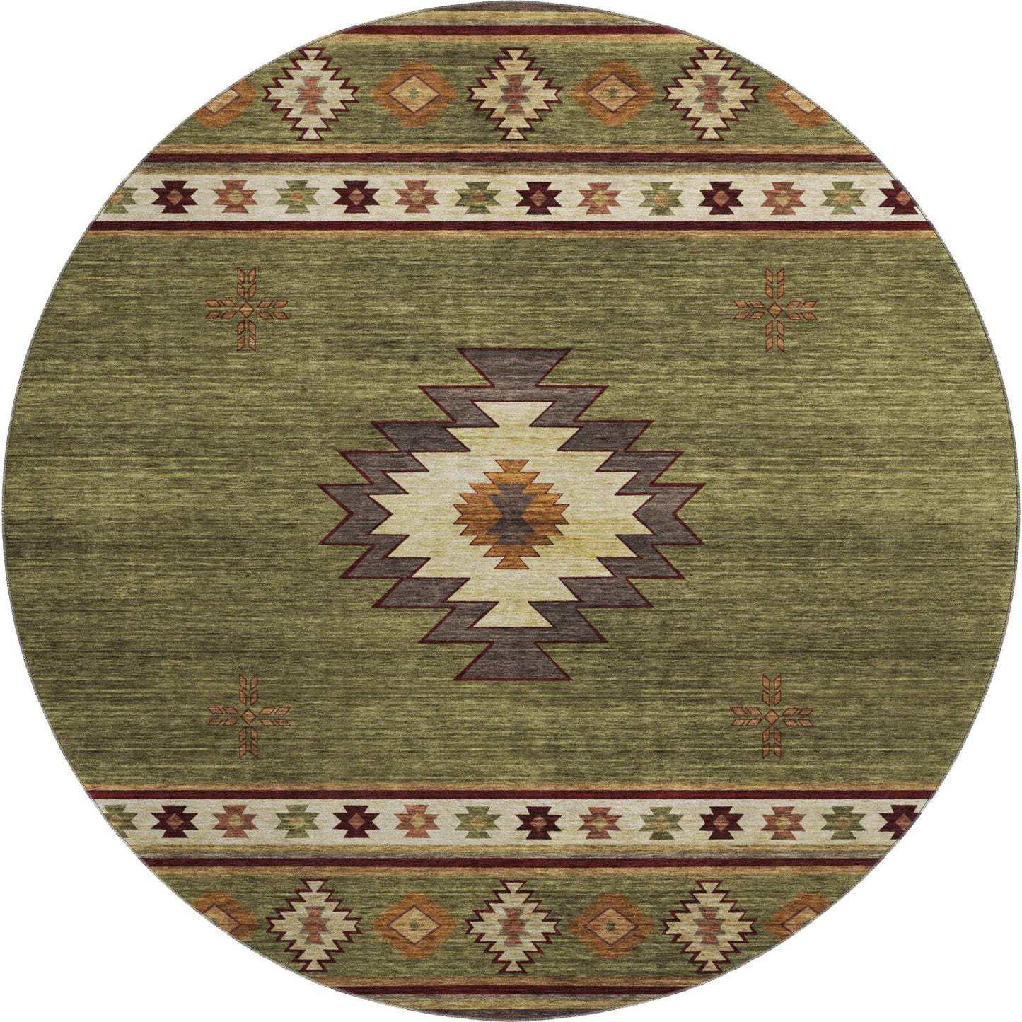 8' Green Beige And Brown Geometric Washable Round Rug With UV Protection