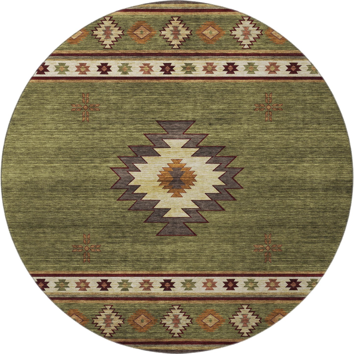 8' Green Beige And Brown Geometric Washable Round Rug With UV Protection