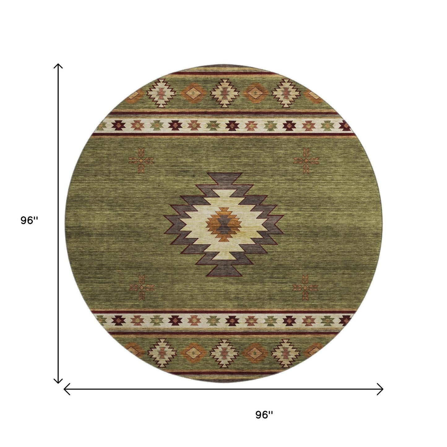 8' Green Beige And Brown Geometric Washable Round Rug With UV Protection