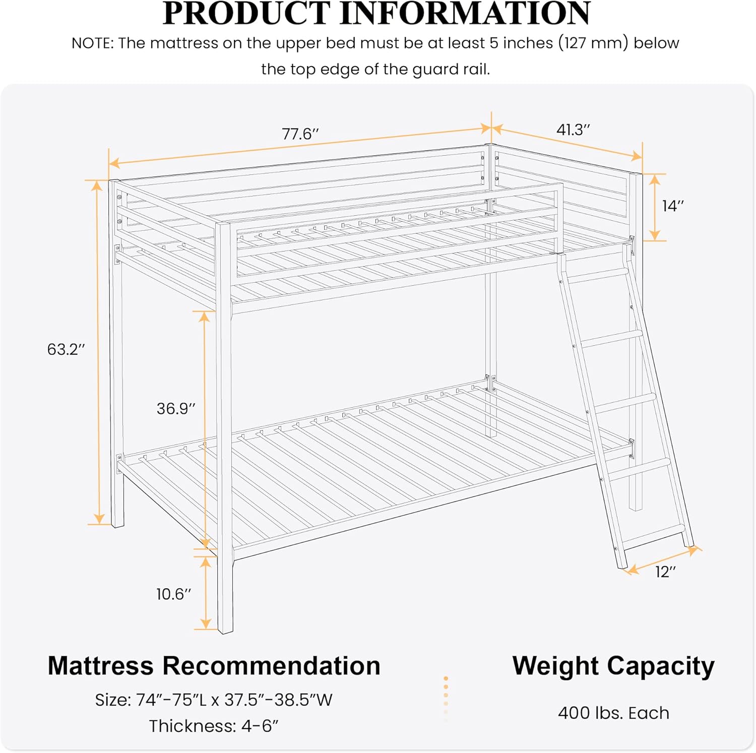 Twin Over Twin Ladder Bunk Bed Black With Guardrail Metal-1