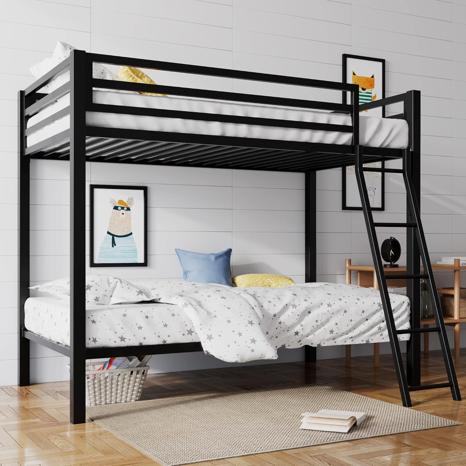 Twin Over Twin Ladder Bunk Bed Black With Guardrail Metal-0