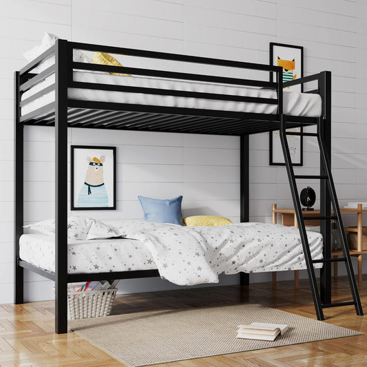 Twin Over Twin Ladder Bunk Bed Black With Guardrail Metal-0