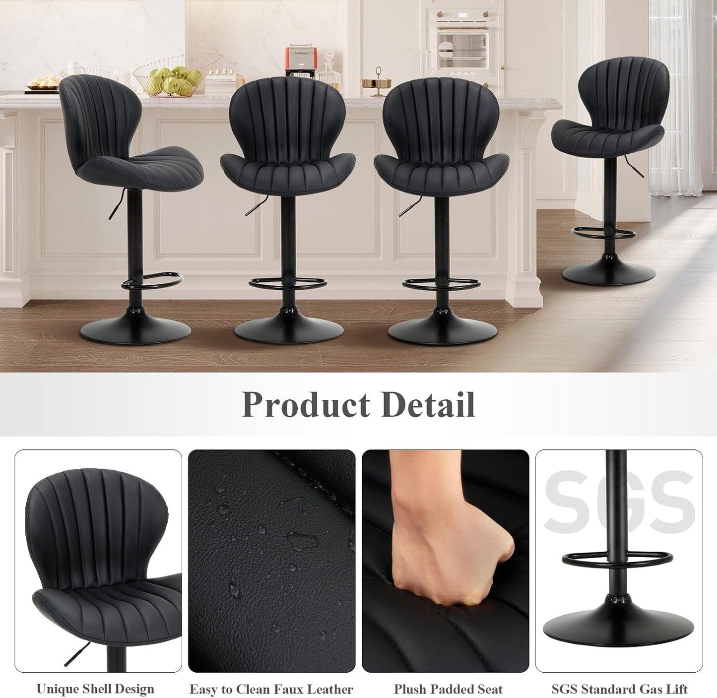 Four Modern Adjustable Faux Leather Swivel Bar Stools