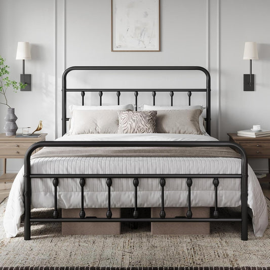 Classic Metal Platform Bed Frame Mattress Foundation with Victorian Style Iron-Art Headboard/Footboard/Under Bed Storage/No Box Spring Needed/Queen Size Black-0