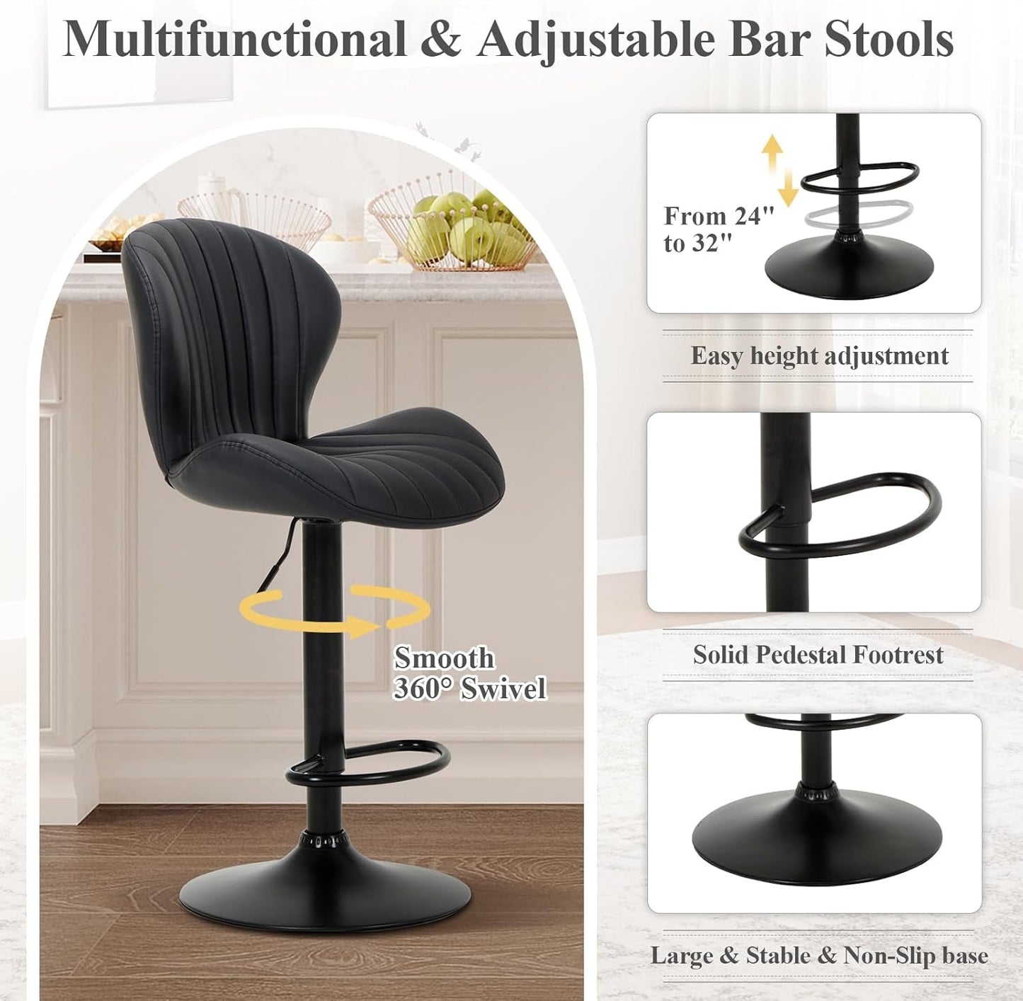 Four Modern Adjustable Faux Leather Swivel Bar Stools