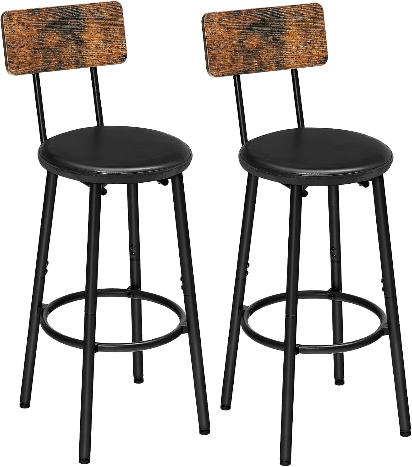 Bar Stools, Bar Stools Set of 2 with PU Upholstered, Bar Chairs with Footrest and Back, 26" Bar Stools for Kitchen Island, Dining Room, Easy to Assemble, Rustic Brown and Black BF31BY01G1