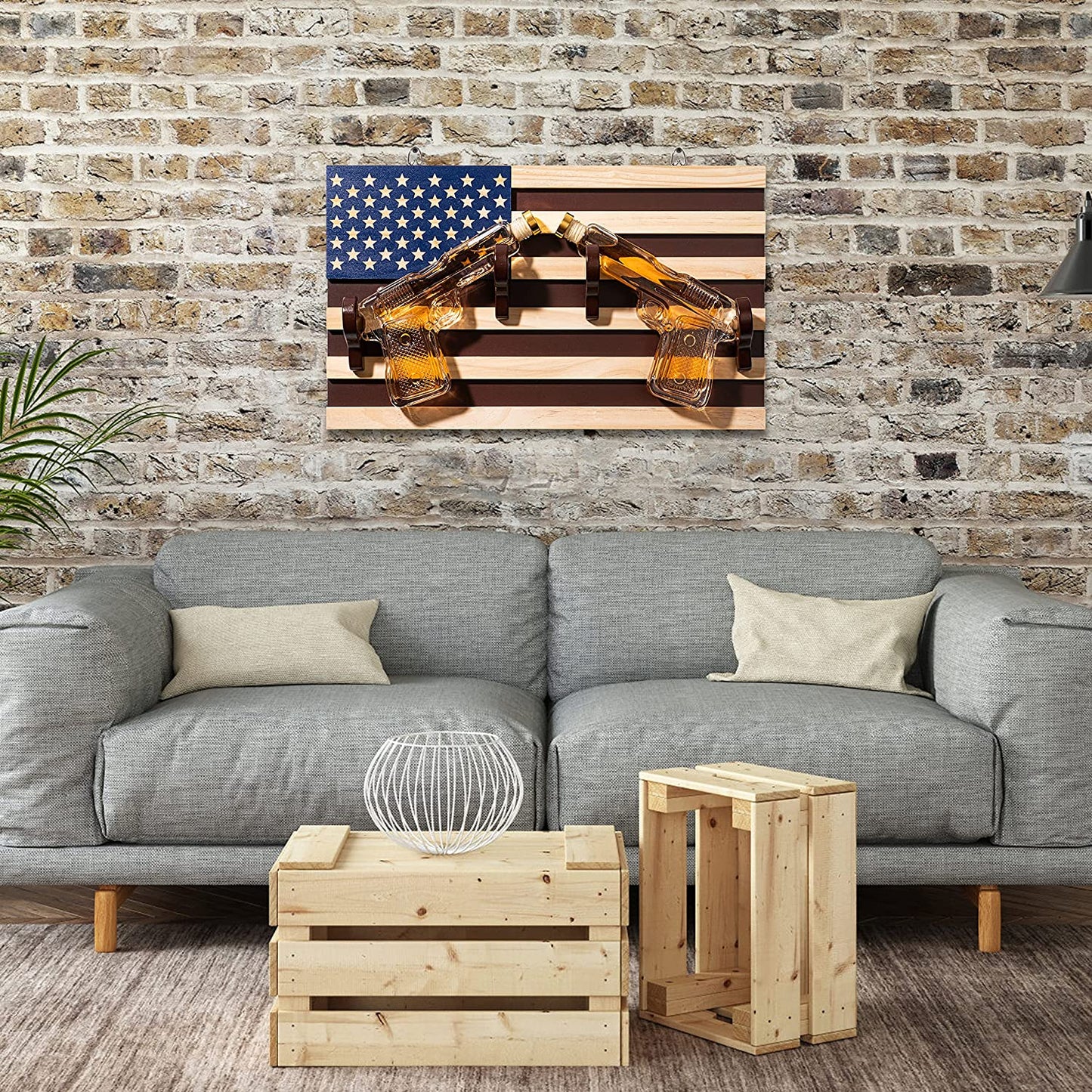 Pistol Whiskey Decanter Set of 2 300ml On American Flag Wall Rack by The Wine Savant - Tik Tok Gun Decanter, Veteran Gifts, Military Gifts, Home Bar Gifts, Law Enforcement Gifts