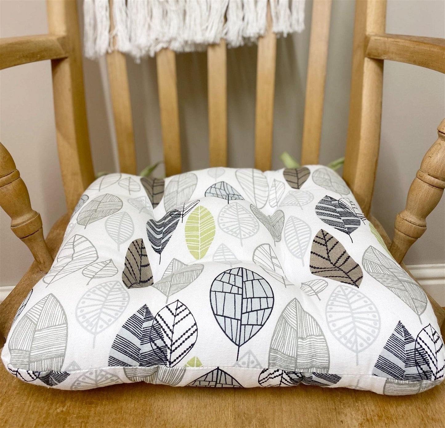 Fabric Seat Pad With Ties In Contemporary Green Leaf Print Design 36cm-2