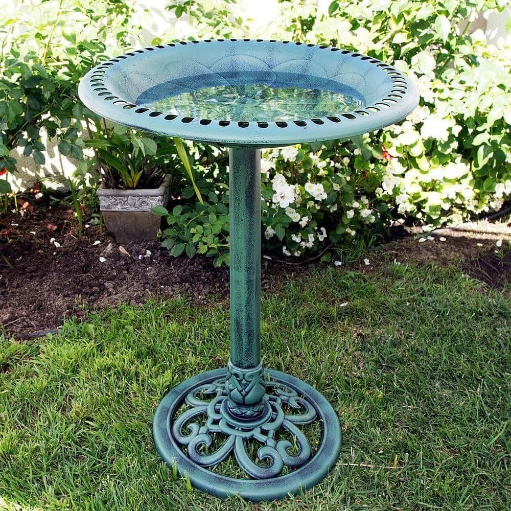 Outdoor Garden Bird Bath Bowl with Stand in Green Bronze Finish-2