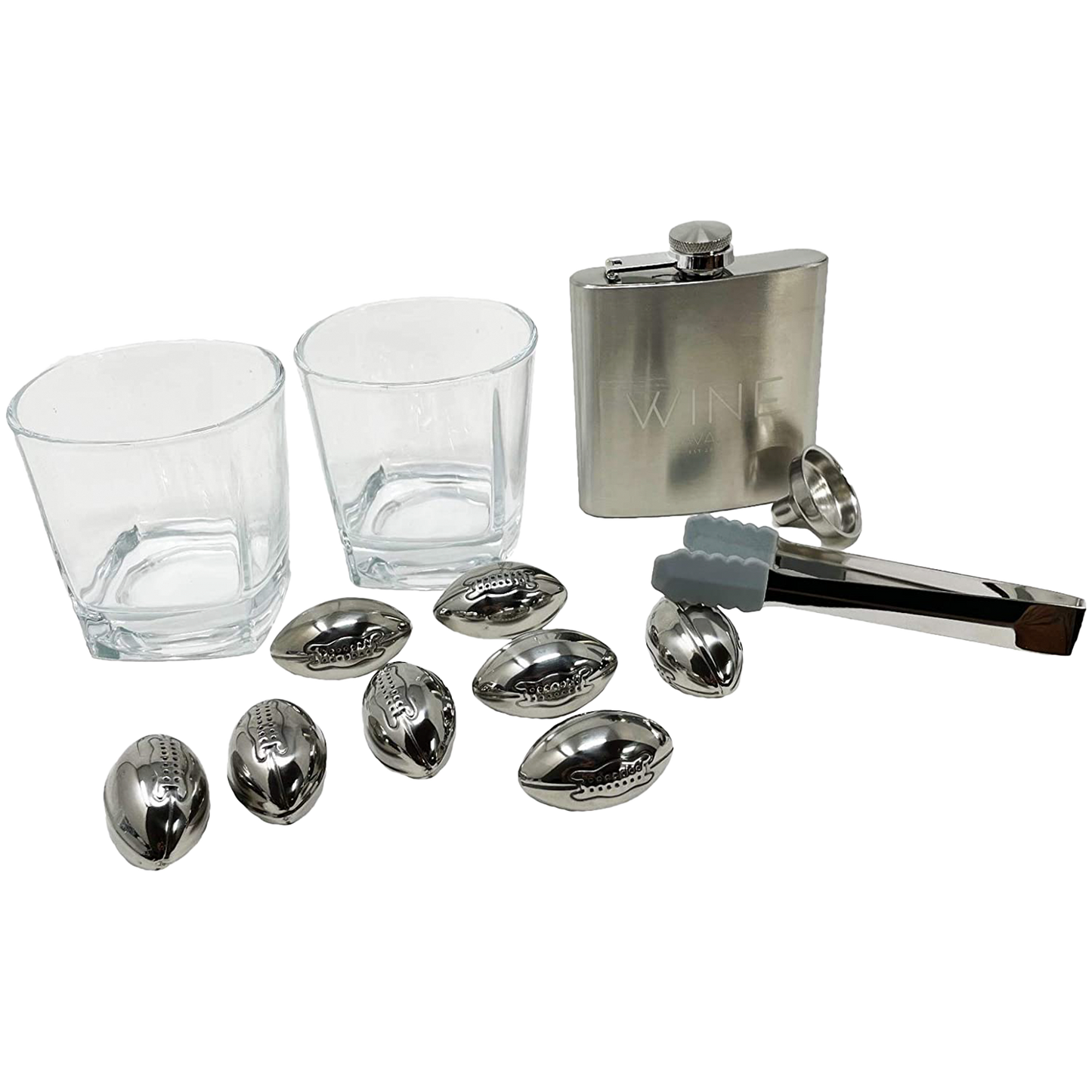 Whiskey Glasses And Football Chilling Stones Gift Set, 2 Whiskey Glasses, 8 Stainless Steel Whiskey Footballs, Coasters, Special Tongs & Freezer Pouch