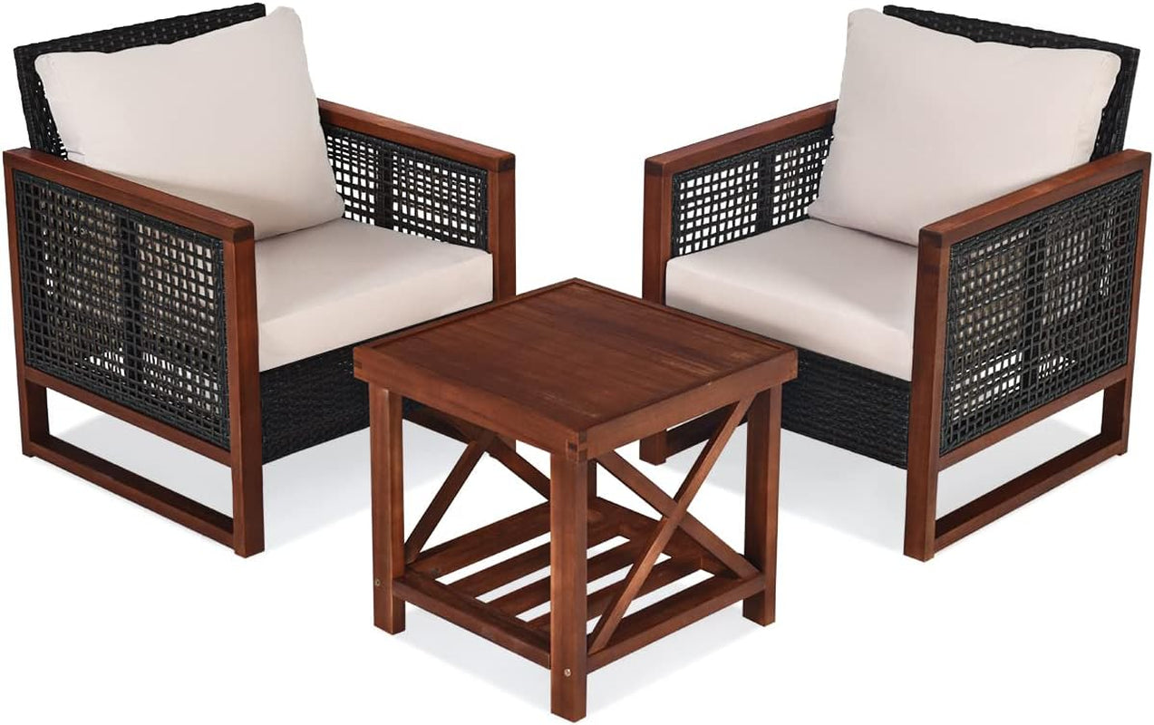 3 Pieces Outdoor Patio Furniture Set Wicker Chairs with Coffee Table, Balcony Porch Furniture Bistro Set with Wood Frame and Washable Cushions for Garden Poolside Backyard-0