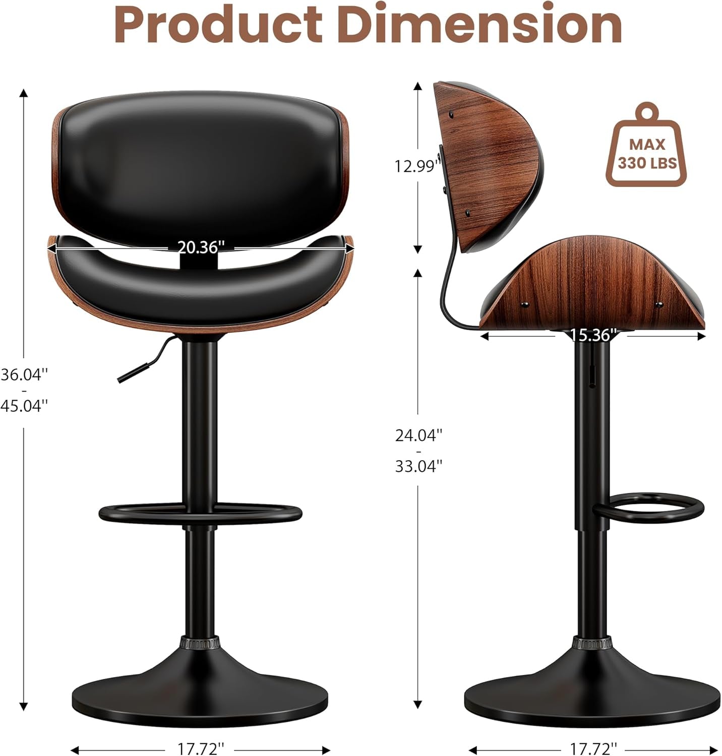 Contemporary Bentwood Adjustable PU Leather Bar Stools Set