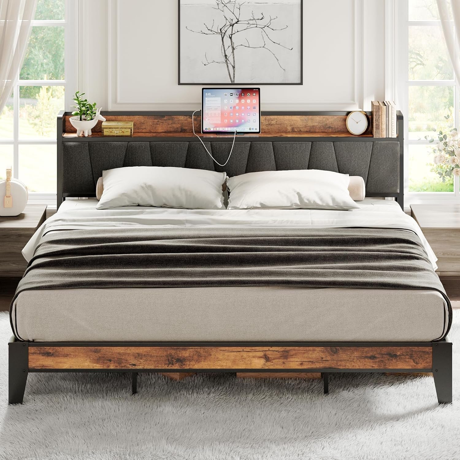 King Size Bed Frame, Storage Headboard with Charging Station, Solid and Stable, Noise Free, No Box Spring Needed, Easy Assembly-0