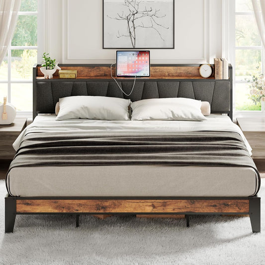 King Size Bed Frame, Storage Headboard with Charging Station, Solid and Stable, Noise Free, No Box Spring Needed, Easy Assembly-0